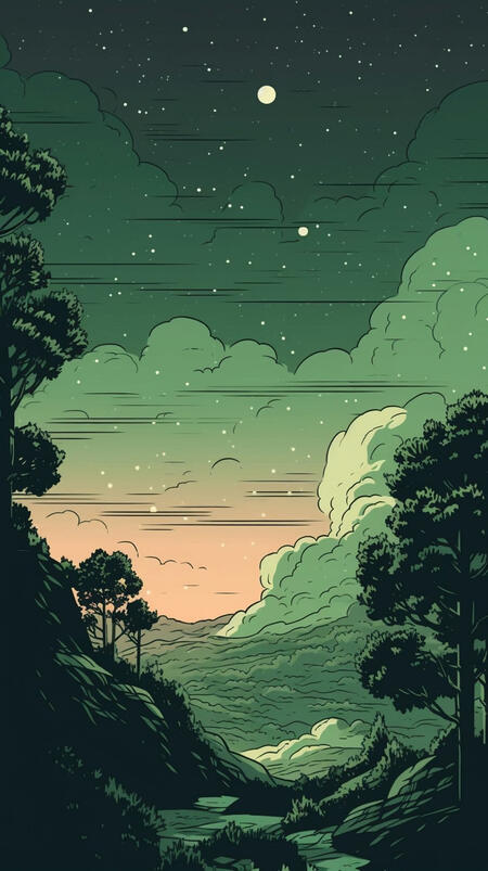 Green, stary night sky with trees.